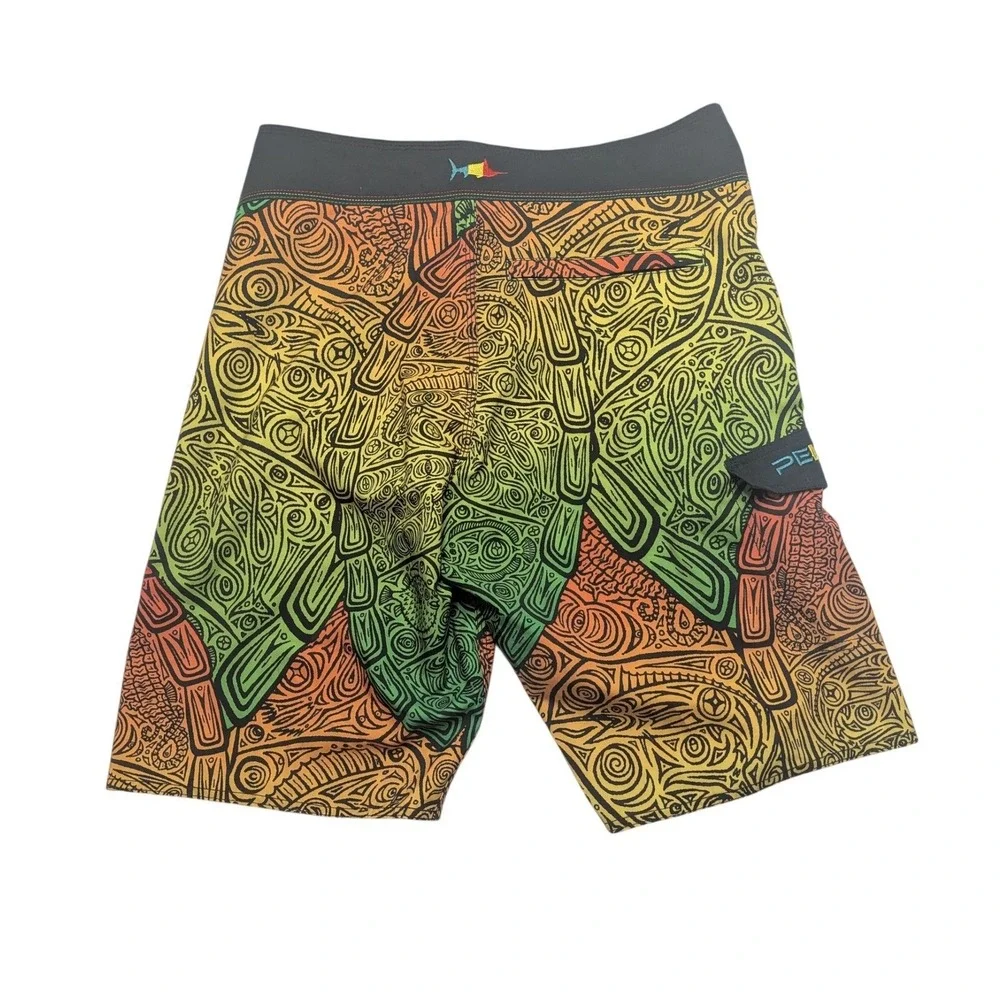 Pelagic Sharkskin Dorado Board Shorts Mens 32 Green Yellow Mahi Fishing